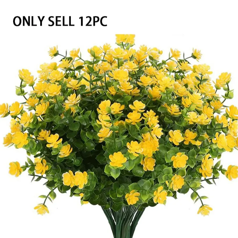 12 Bundles Artificial Flowers for Outdoors UV Resistant, Decorative Artificial Flower, Yellow Realistic Fake Outdoor Flowers Fake Plants, Plastic Faux Flowers for Outdoor Planters Front Porch Garden Window Box Farmhouse Decor Fake Floral Decor