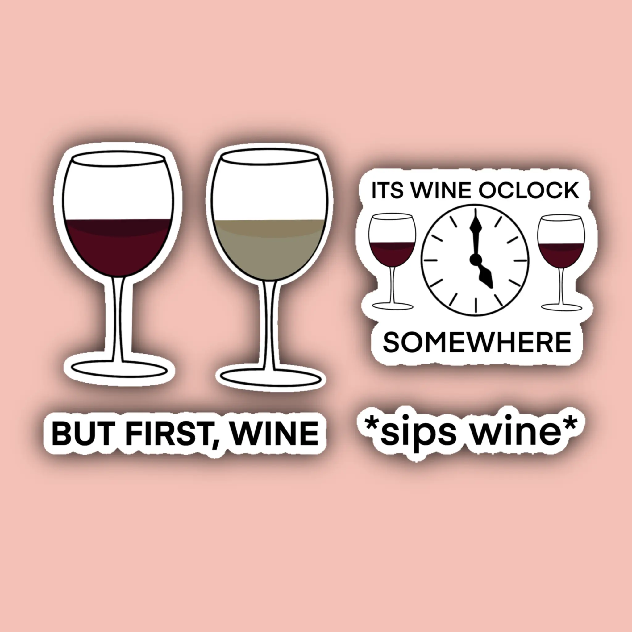 Wine Sticker Pack - White Wine, Red Wine, Wine OClock, Sips Wine - Waterproof Stickers
