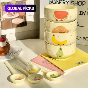 4 Set Cute Fruit Ceramic Bowl Creative Decorative Kawaii Hand-painted Ceramic Anti-scald Soup Bowl Home Kitchen Noodle Ramen Tableware Bowl Ceramic Food Bowl