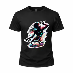 Cotton Oversized Unisex Funny Meme T-Shirt Graphic Print Just Vibes Dancing Silhouette Music Headphones Design Casual Streetwear Tee for Party Festival Daily Wear