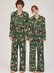 Feral Goblincore Cute Skeleton Moss & Raccoon Nature Lover Satin Pajama Set, Pajama Set Women’s Gifts For Her Feral Goblincore Meme Funny