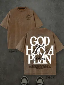 Men's Vintage Washed Loose Short Sleeve T-Shirt, Dual-Sided Print Aesthetic, 230 Pure Cotton Material, God Has His Own Plan Letter Print, Casual Streetwear Style