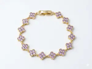 Dainty Lavender Clover Blossom Bracelet – 14K Gold Plated Sparkling Crystal Floral Link Bracelet