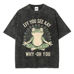 Eff You See Kay Why Oh You Yoga Frog Vintage Washed T-Shirt Men Women Funny Meme Graphic Tee Oversized Round Neck Short Sleeve Unisex Streetwear Top