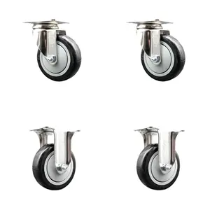 Polyurethane Swivel Top Plate Caster Set of 4 with 4 Inch Black Caster Wheels - 316 Stainless Steel Casters - Includes 2 Swivel Casters and 2 Rigid Casters - Service Caster Brand