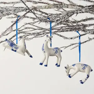 Indigo Blue & White Delft Porcelain Deer Holiday Christmas Ornament - Set of 3
