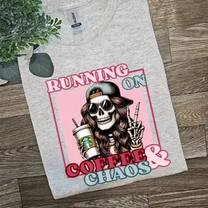 Cute running on coffee and chaos popular momlife motherhood mama skulls coffee tee