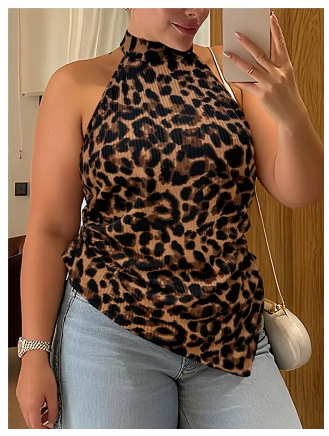 Plus Size Women's French Style Leopard Print Halter Top,Black,Autumn,Classy,Night Out Club Elegant High Neck Sleeveless Camisole Cheetah Animal Tops