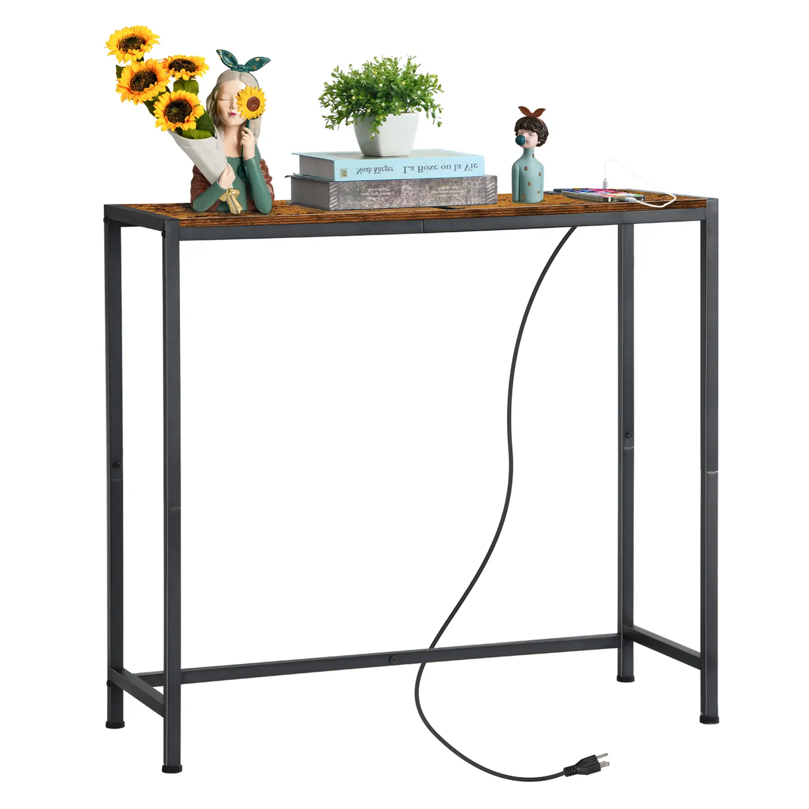 Console Table, Sofa Side Couch Table with Charging Station, Narrow Entrance Table with Shelf, Slim Entryway Table with Metal Frame, Behind Couch Table for Hallway, Living Room, Office, Foyer, Corridor