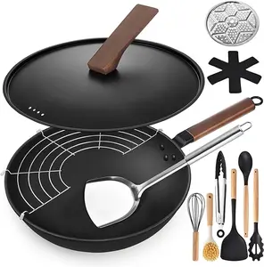AOSION 13'' Carbon Steel Wok, 12 Piece Wok Pan & Stir-Fry Pans Set with Lid & Cookwares, No Chemical Coated Flat Bottom Chinese Wok Pan for Induction, Electric, Gas, Halogen, All Stoves