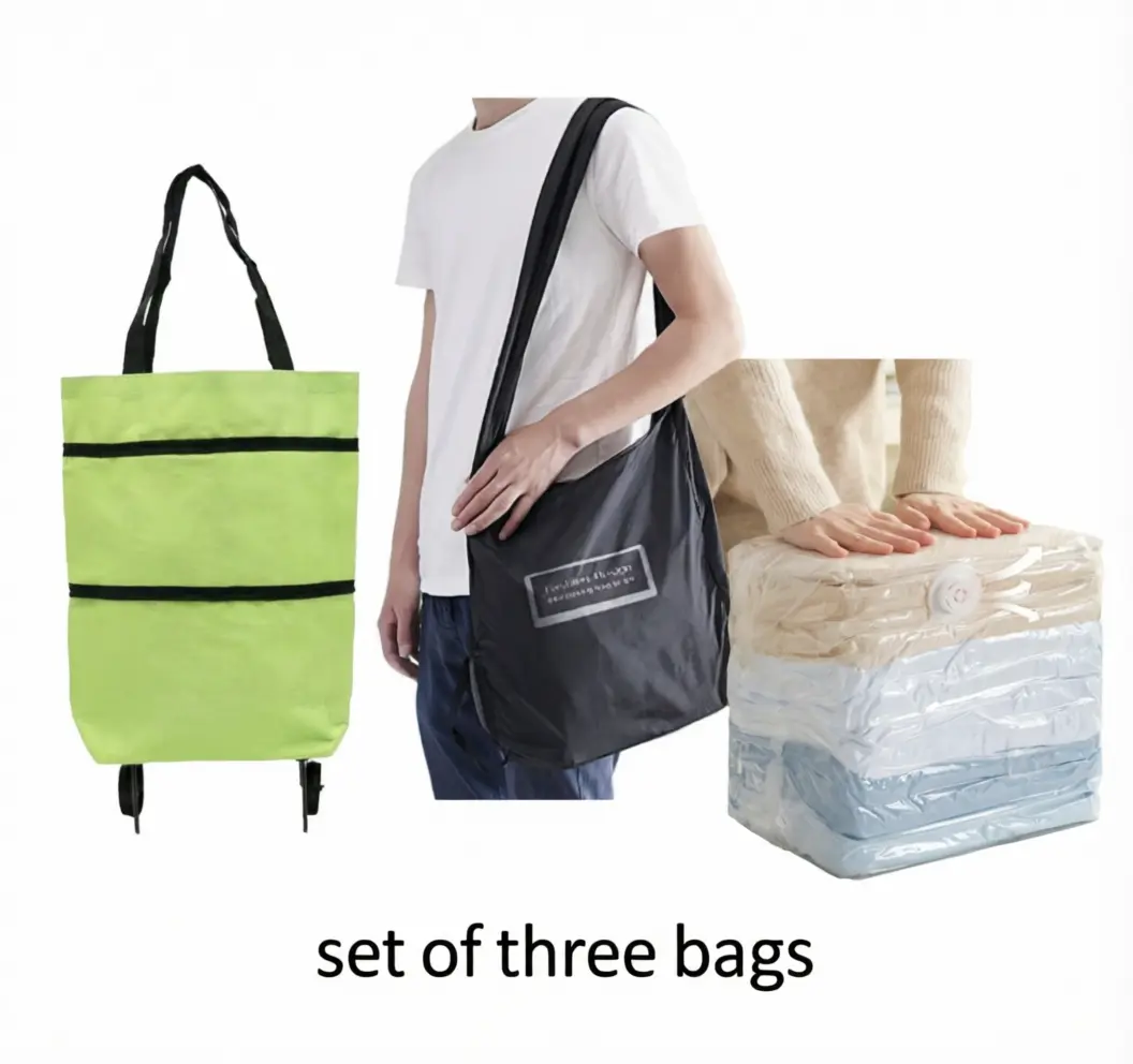 3-in-1 Complete Organization & Shopping Set: No-Vacuum Compression Storage Bag for Clothes/Bedding + Foldable Keychain Crossbody Tote + Lightweight Folding Wheeled Grocery Trolley Cart (3-Piece Combo)