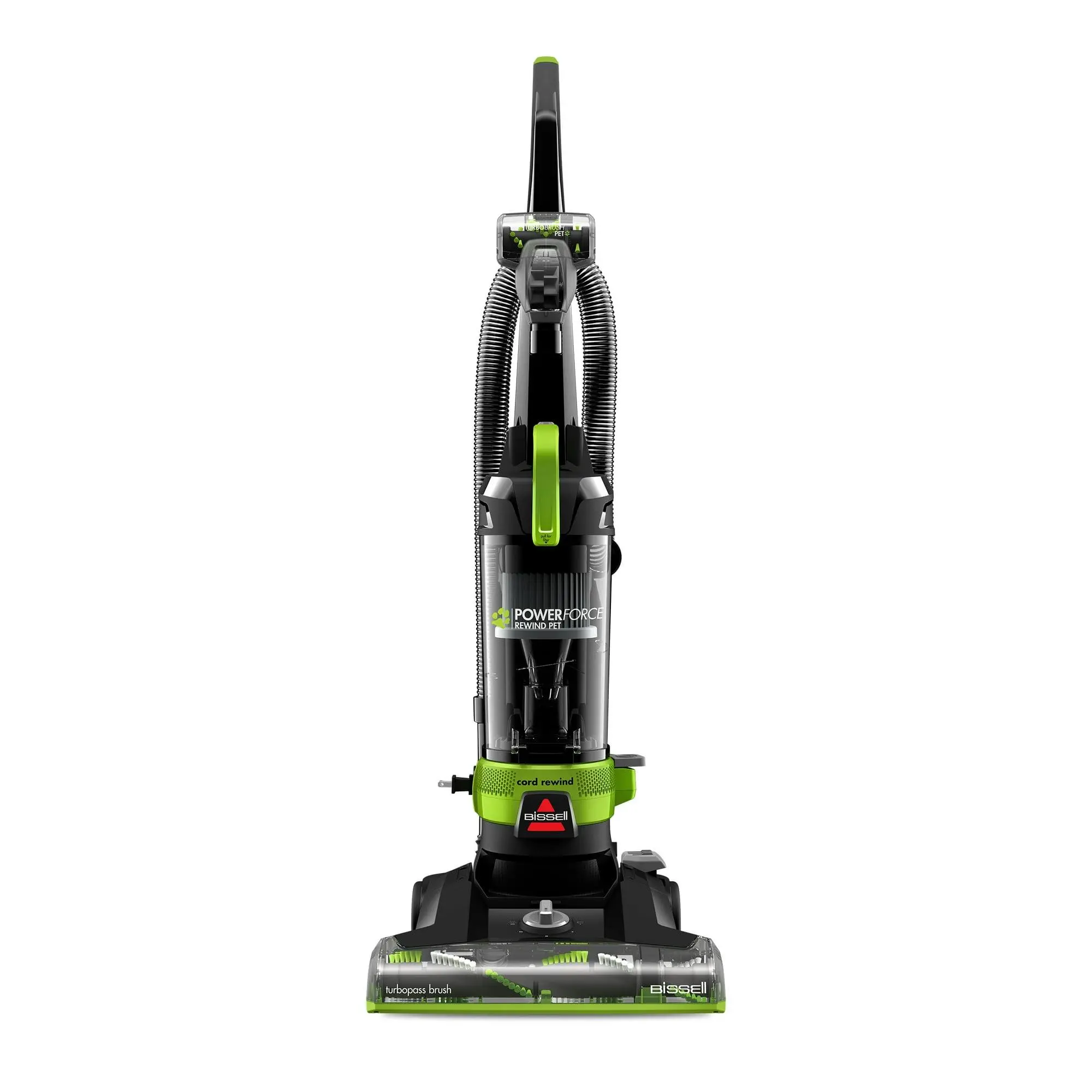 BISSELL PowerForce Helix Turbo Rewind Pet Upright Vacuum 3333, Black & Green, Automatic Cord Rewind, Powerful Hair Pickup, Extra-Wide Cleaning Path