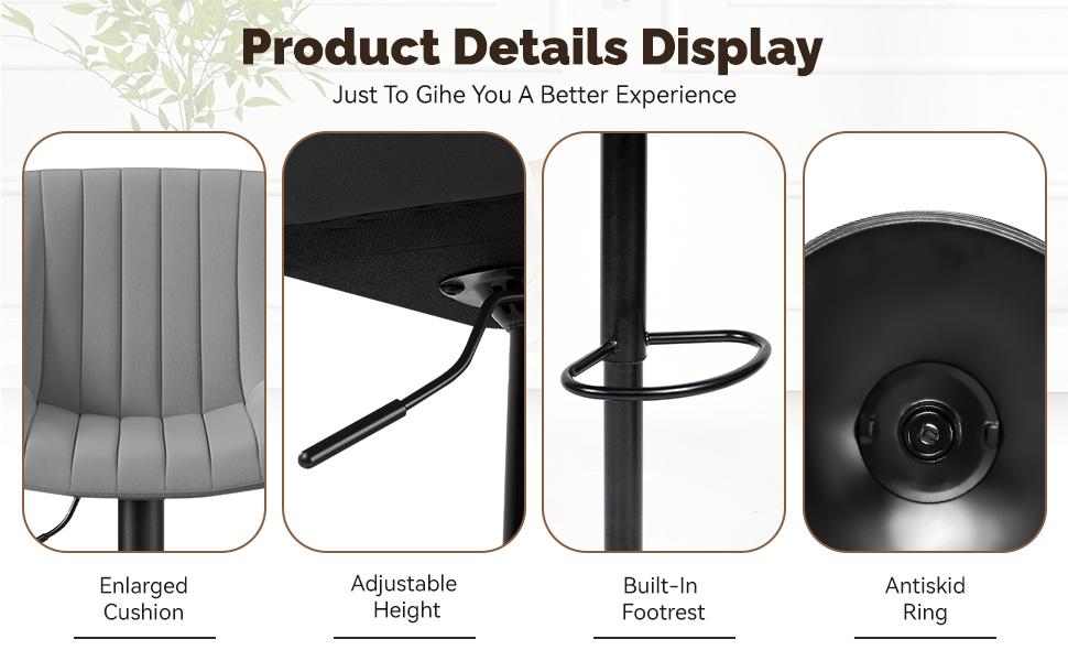 Bar Stools Set of 2, Adjustable Modern Swivel Bar Stools with Backs, Counter Height Performance Fabric Island Chairs for Home Kitchen