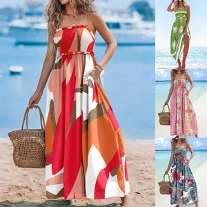 Women’s Strapless Printed Maxi Dress Flowy Sleeveless Beach Vacation Dress