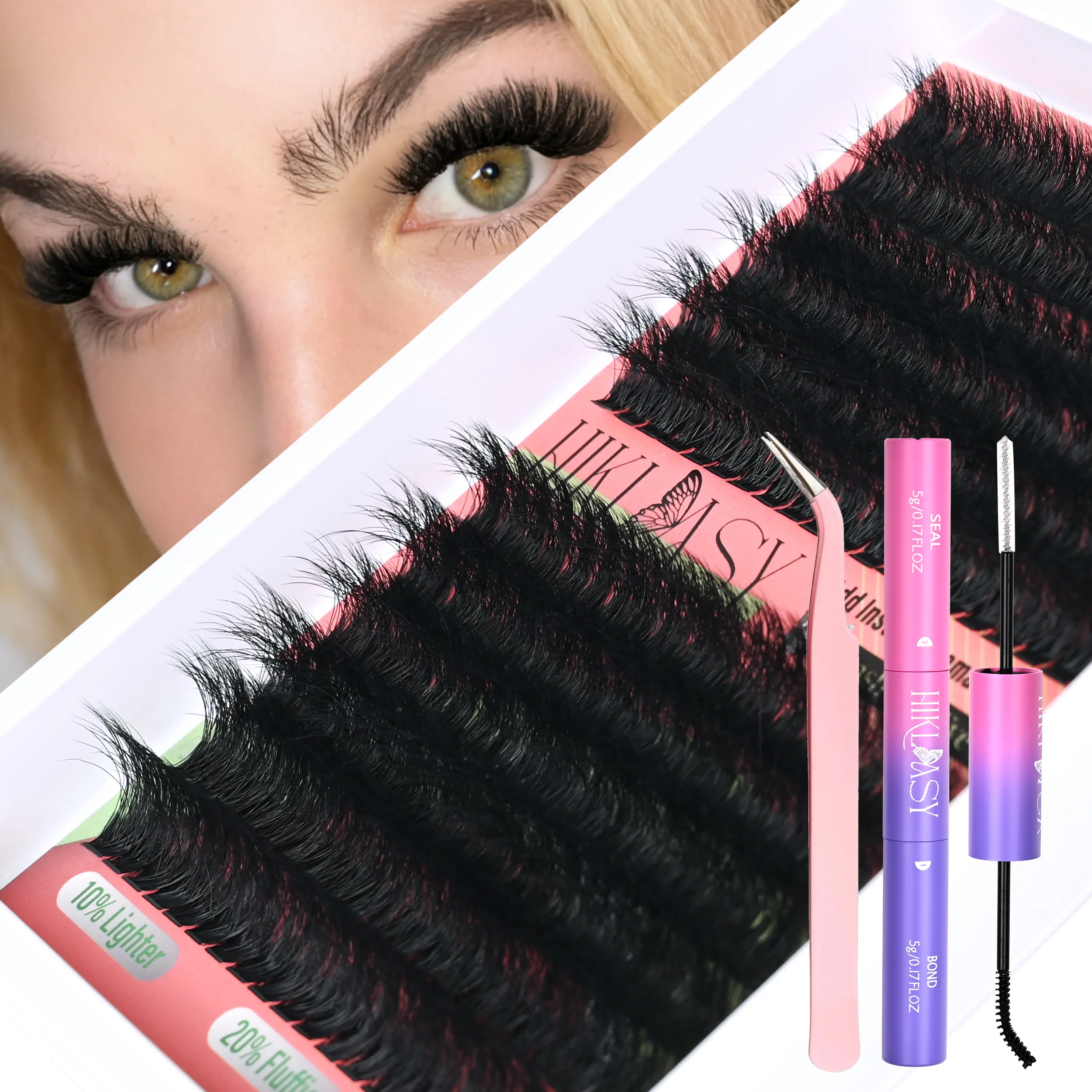 Lash Clusters Kit Volume,12-18mm Eyelash Clusters Kit With 72+ Hours Glue Waterproof,D Curve kit de pestañas Strong Hold,Lashes Clusters Fluff&Wispy,Reusable 10 Times Eyelashes extensions by Hiklasy