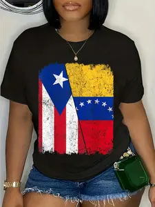 100% Cotton Half Puerto Rican Half Venezuelan Flag Heritage Pride Roots T-Shirt Round Neck Short Sleeve T-Shirt Women's Men Graphic Tee