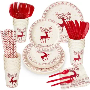 215 PCS Christmas Paper Plates and Napkins, Christmas Disposable Party Supplies Decorations, Christmas Tableware Set Include Dinner Plates, Dessert Plates, Cups, Napkins, Cutlery, Straws