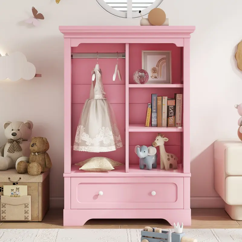 Open children's wardrobe with a hanging rod and open shelves one large drawer low design close to the ground for easy access Pink.