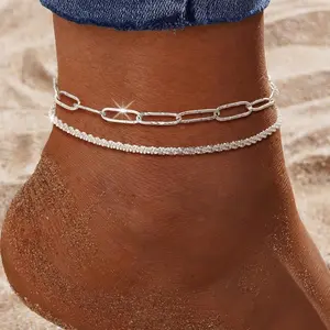 2pcs Stainless Steel Women Ladies Multilayer Anklet Set Simple Chain Style Foot Jewelry Summer Beach Vacation Dating Gift Valentine's Day Gift