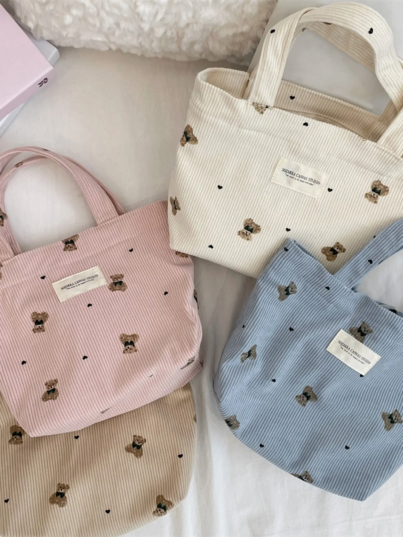 Cute and Sweet Teddy Bear Love Printed Corduroy Bag, Available in Multiple Colors, Gentle, Fashionable, Simple and Versatile Handbag, Can Hold Phone, Tissue, Gloves, Hand Cream, Suitable for Commuting and Shopping, Handheld Bag, Casual Trendy Purses