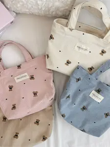 Cute and Sweet Teddy Bear Love Printed Corduroy Bag, Available in Multiple Colors, Gentle, Fashionable, Simple and Versatile Handbag, Can Hold Phone, Tissue, Gloves, Hand Cream, Suitable for Commuting and Shopping, Handheld Bag
