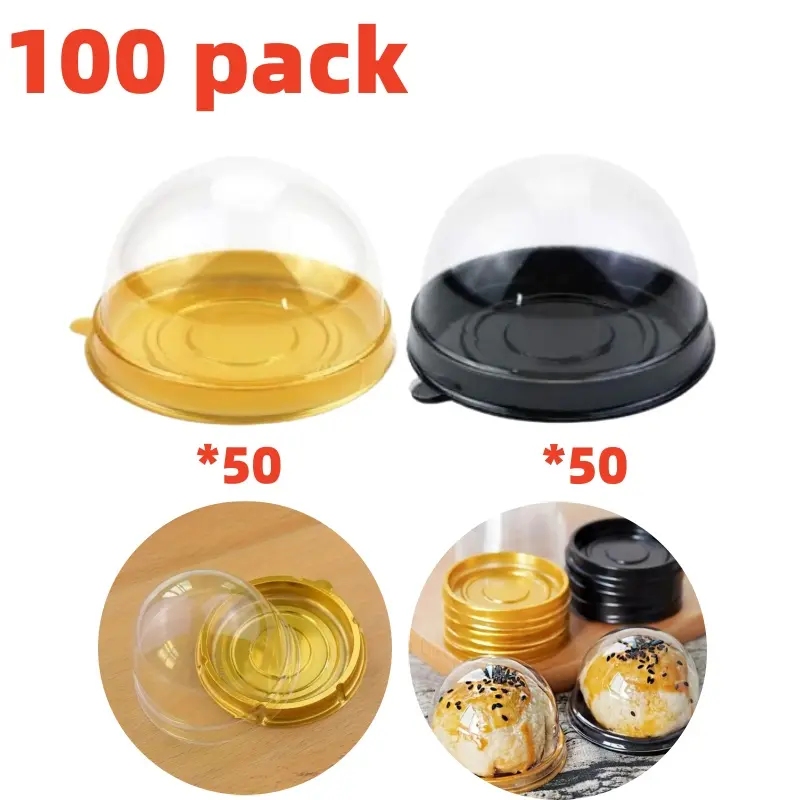 100-Pack Plastic Cake Cup Containers (50 Gold-50 Black) - 2.76" Diam, 1.77" Ht, Domed Transparent Sealed Lids, Easy to Open and Close, for Baking, Cheese, Birthdays, Sewing Accessories & Haberdashery