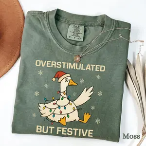 Comfort Colors Overstimulated But Festive Goose Christmas TShirt, Funny Holiday T-Shirt, Neurodivergent Christmas Tee, Anxiety Humor Gift