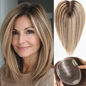 STARLUCK 6x5 Inch Large Swiss Base SilkHug 14 Inch Real Human Hair Toppers 60 Gram 100% Ash Blonde No Bangs Fluffy Wave Wig for Women with Thinning