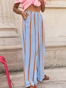 Summer Dopamine Striped Wide Leg Pants for Women, Womenswear Elastic Waist Pleated Casual Pants, Fresh Versatile Daily Vacation Home Wear