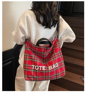 Large Capacity Fabric Tote Bag with Adjustable Shoulder Strap for Daily Commute, Shopping, School - Red Plaid Letter Print Crossbody Handbags for Women's Daily Use