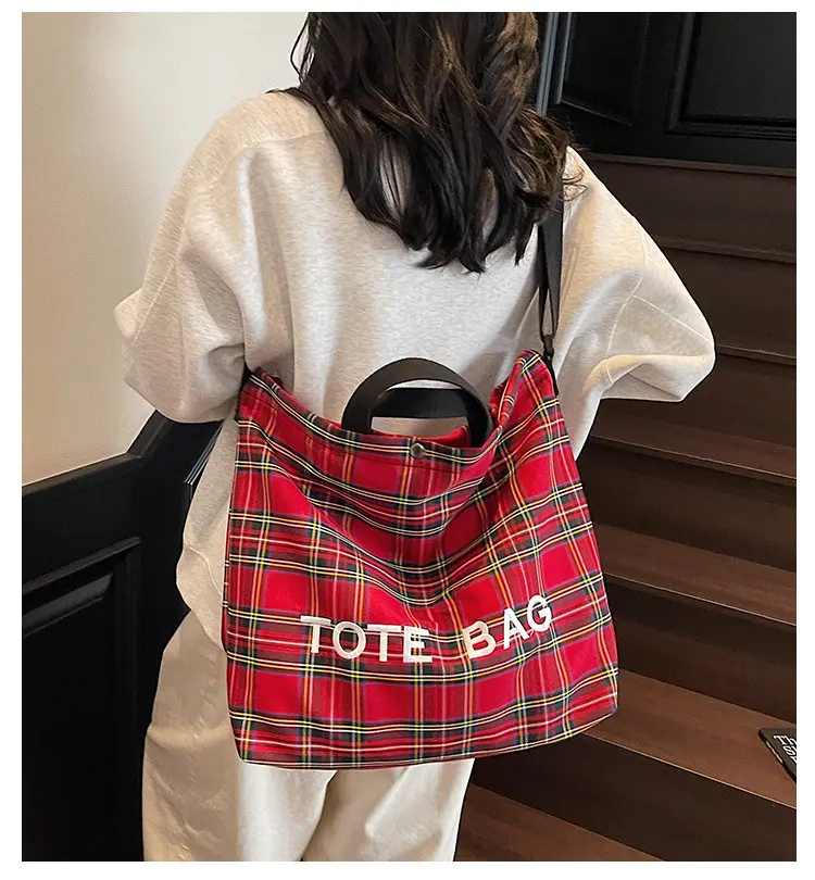 Large Capacity Fabric Tote Bag with Adjustable Shoulder Strap for Daily Commute, Shopping, School - Red Plaid Letter Print Crossbody Handbags for Women's Daily Use summerwins,summerwins Fashionable Patterned Bag Everyday Bags