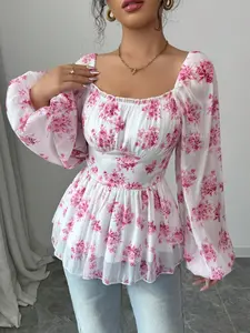 A women's pink floral flower print elegant temperament waist waist design square collar Long Sleeve shirt, suitable for spring and summer, suitable for outdoor, leisure, travel wear