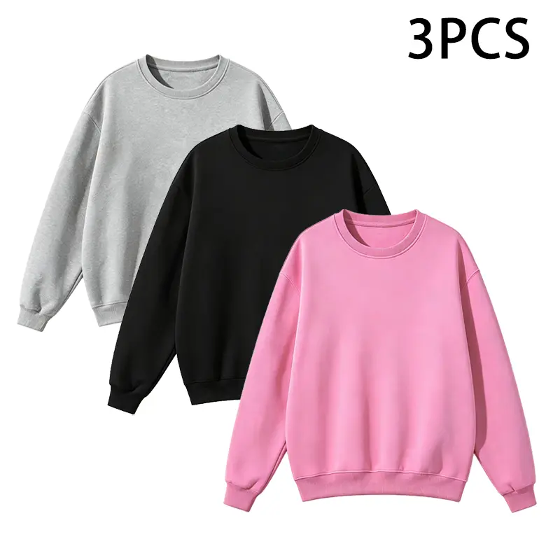 Men's 3-Pcs Crewneck Sweatshirt Set - Cotton Blend, All-Season, Loose-Fit, Long Sleeve Plain Solid Pullovers for Casual Daily Wear, Menswear