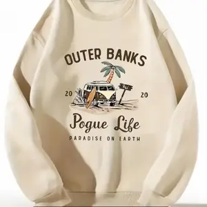 Outer Banks Print Sweatshirt, Casual Crew Neck Long Sleeve Sweatshirt, Women's Clothing