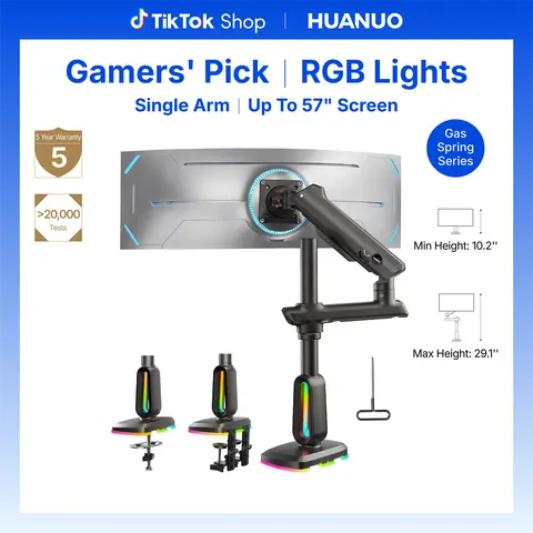 HUANUO Adjustable Ergonomic Single Desk Mount Monitor Arm - Office Furniture Accessory, Space-Saving Mount, 44 lbs Capacity, 49-57" Fit (Up to 57" Screen, Non-RGB Up to 49" Screen), 29.1" Max Height, 100x100mm Max VESA