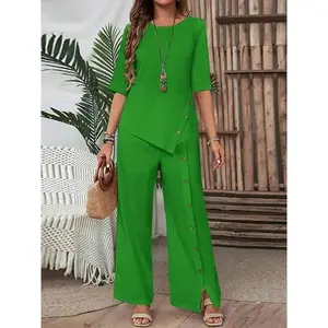 2025 Plus Size 5XL Women’s Set – Elegant Two-Piece Suit with a Casual Irregular Hem, Button-Up Shirt, and Loose Straight-Leg Pants