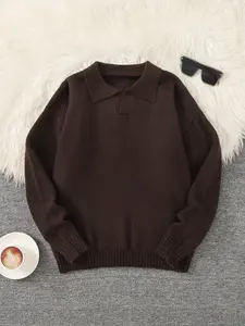 Men's Casual V Neck Sweater, Polo Collar Knit Pullover, Fall & Winter Fashion, Fitted Style, Textured Fabric, Plain Color