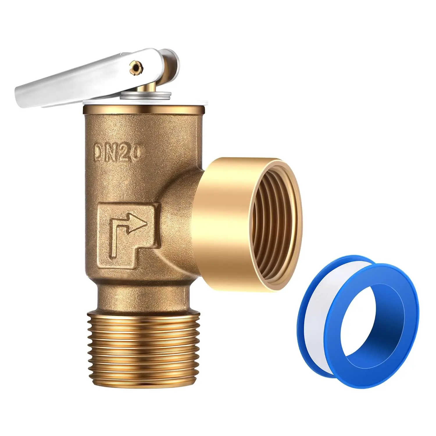 Brass Pressure Relief Valve - 30 PSI Leakproof, 3/4" NPT Thread, Structurally Stable, Corrosion Resistant, Includes PTFE Thread Sealing Tape, Prevents Leaks for Hot Water Systems