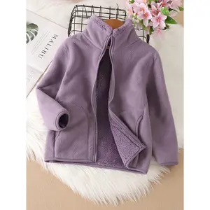 Girls' Thickened Fleece Jacket with Stand Collar & Full-Zip Closure - Windproof Winter Coat with Pockets, Machine Washable Outerwear for to Teen Girls (Lavender, Casual Warm Outer Layer)