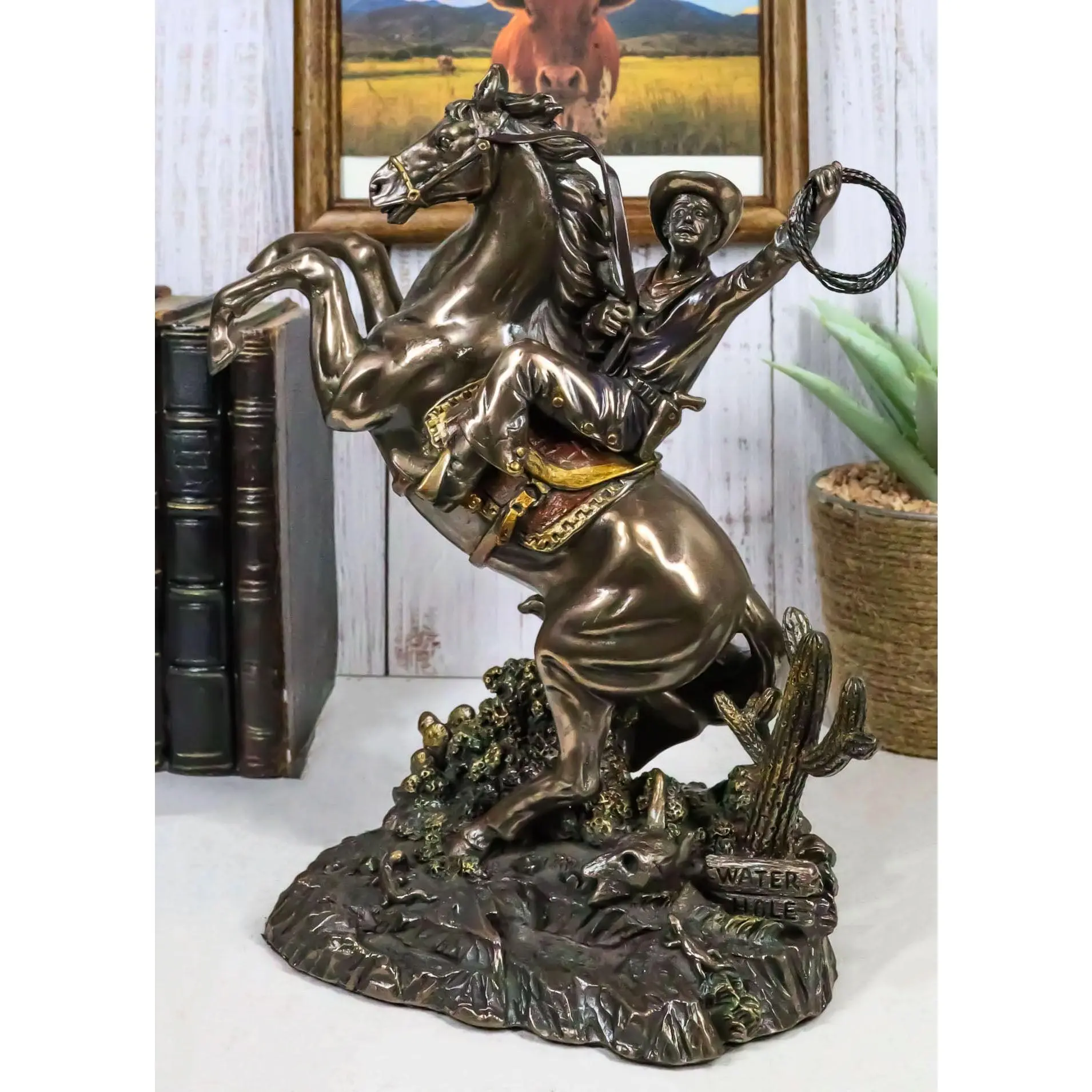 Artistic Standing Rustic Western Desert Rodeo Cowboy On Rearing Horse With Lasso Ropes Sculpture, Home Decor Statue for Room Accent