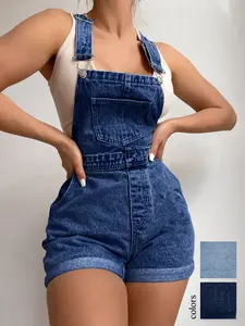 American Vintage Light Blue Backless Denim Overalls Shorts, High-Waisted Roll-Up Hem Design, Women's Casual Style Summer Wear