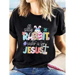 Playful Easter TShirt for Women Plus Size Featuring Silly Rabbit Easter Is for Jesus in Fun Pastel Colors With Cute Bunny Character Flowers and Eggs Perfect for Spring Celebrations Outdoor Gatherings and Casual Wear