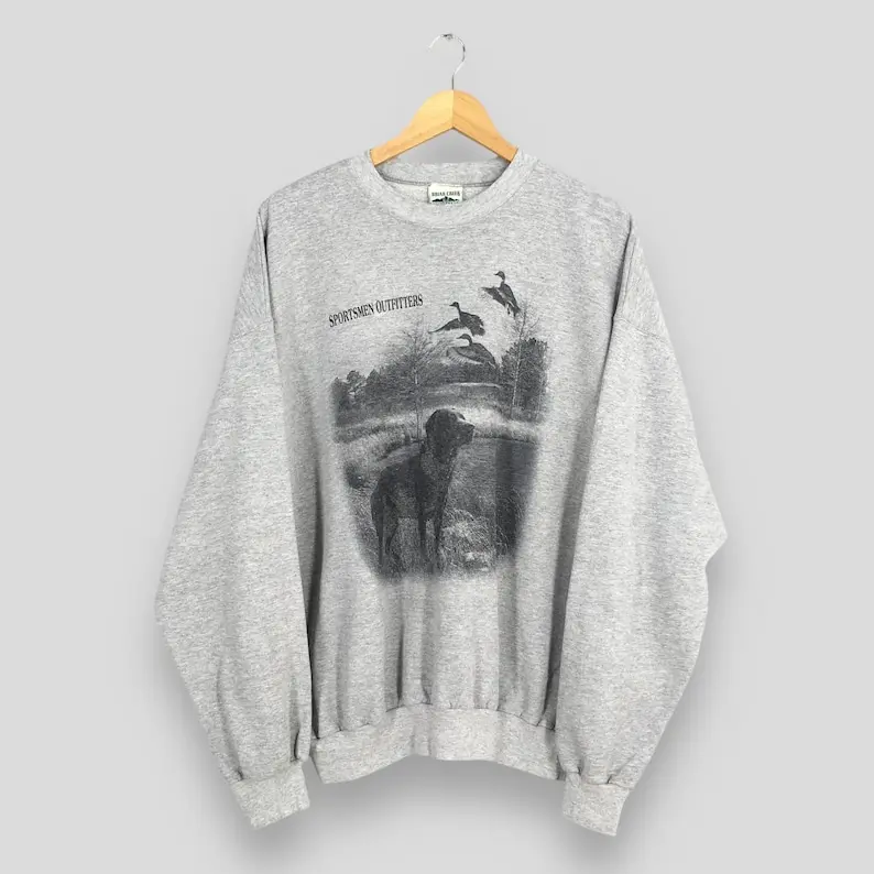 Vintage 90s Sportsmen Outfitters Dog Gray Sweatshirt Beagles Dogs Duck Flying Graphics Printed Crewneck Lake View Habitat Sweater