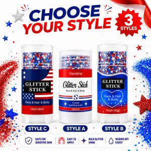 Women's 2-Piece July 4th Glitter Sticks, Patriotic Red White Blue Sparkling Glitter Makeup for Face Hair Body, USA Flag Shimmering Body Makeup for Independence Day Parties