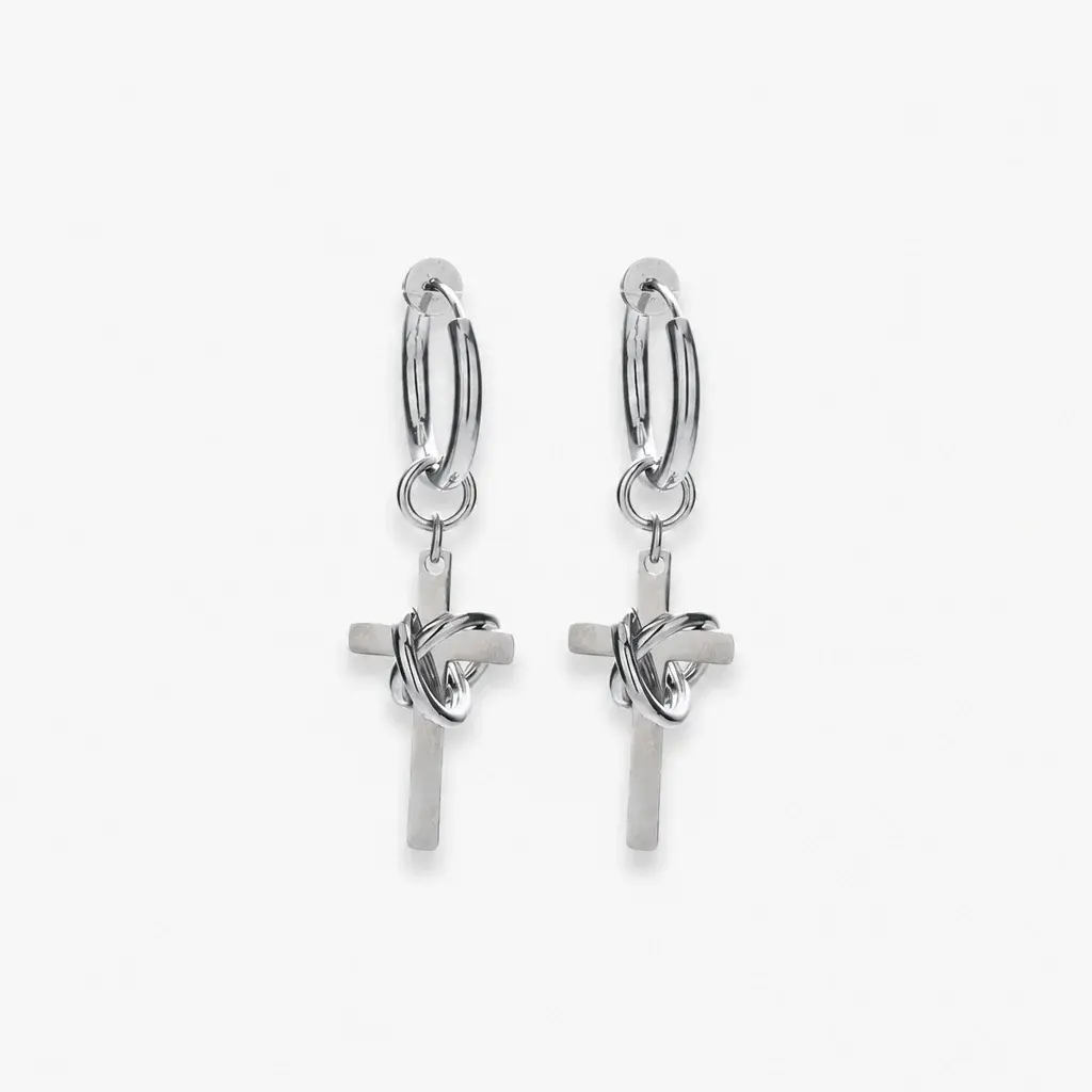Men's Cross Drop Hoop Earrings Titanium Steel Non Tarnish Twisted Wire Entwined Cross Dangle Earrings Punk Gothic Hip Hop Ear Jewelry Streetwear Ear Clips for Men Pierced Non-Pierced Silver Color