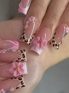 10pcs - Y2K Style Leopard Print Pink Flower Press On Nails,  Leopard Print Design, Nude Pink Gradient, Sparkling Diamond Embellishment Fake Nails - Essential Nail Art For Autumn And Winter, The Best Gift For Ladies And Women