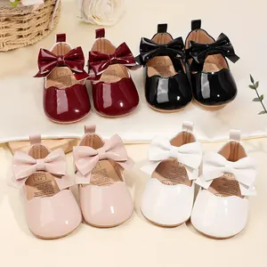 Baby Girls Mary Jane Flats with Bowknot Flowers Princess Wedding Dress Ballet Shoes Toddler First Walkers Newborn Crib Shoes