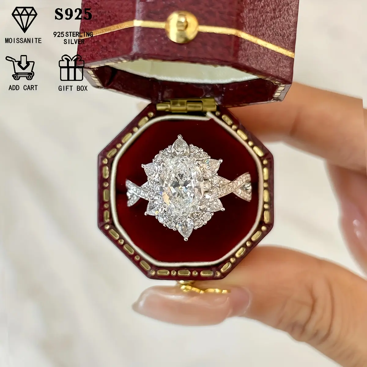 Luxurious 2K Oval Moissanite Women's Engagement Ring, 0.2 Carat 925 Sterling Silver, Hypoallergenic Cross Setting, Bohemian Ste, Comes with Exquisite Gift Box