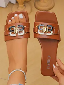 Women's Fashion Metal Buckle Decor Flat Sandals, PU Leather Summer Beach Shoes, Casual Plain Design, Rubber Sole, Less Than Ankle Height