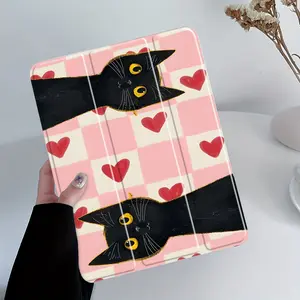 Cute Black Cat iPad Case, Pink Checkered Heart Print Protective Cover Auto Wake/sleep,Anti-Drop Scratch-Resistant,Transparent Acrylic Back,Fits iPad 7.9/8.3/10.2/10.5/10.9/11/12.9 13 inch,Shock-resistant Full Cover Protective Case Ideal for Office